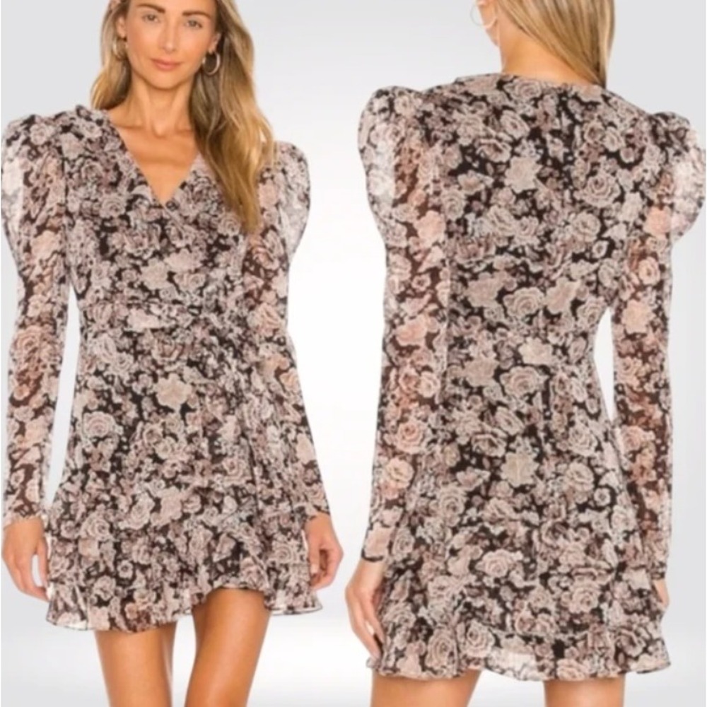 Bardot Winona Floral Puff Sleeve Ruffle Wrap Mini Dress Womens Size L Romantic